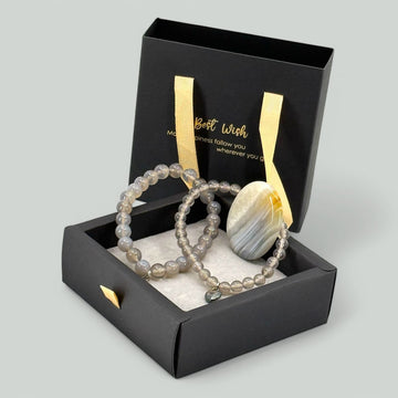 Luxe 2-delige Armbanden Set van Grijze Agaat + Geslepen Hartsteen & Geschenkdoos