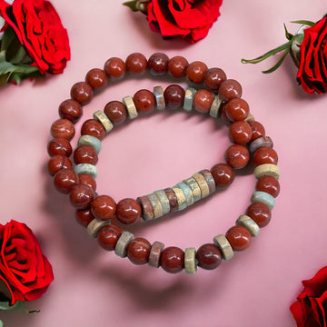 2 Armbanden: Red Jaspis + Aqua Terra Kralen - Rode Jasper 8mm