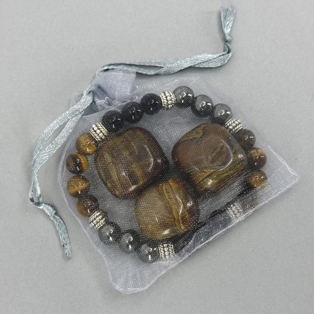 Tijgeroog, Zwart Obsidiaan & Hematiet Armband + 3 Tijgeroog Edelstenen