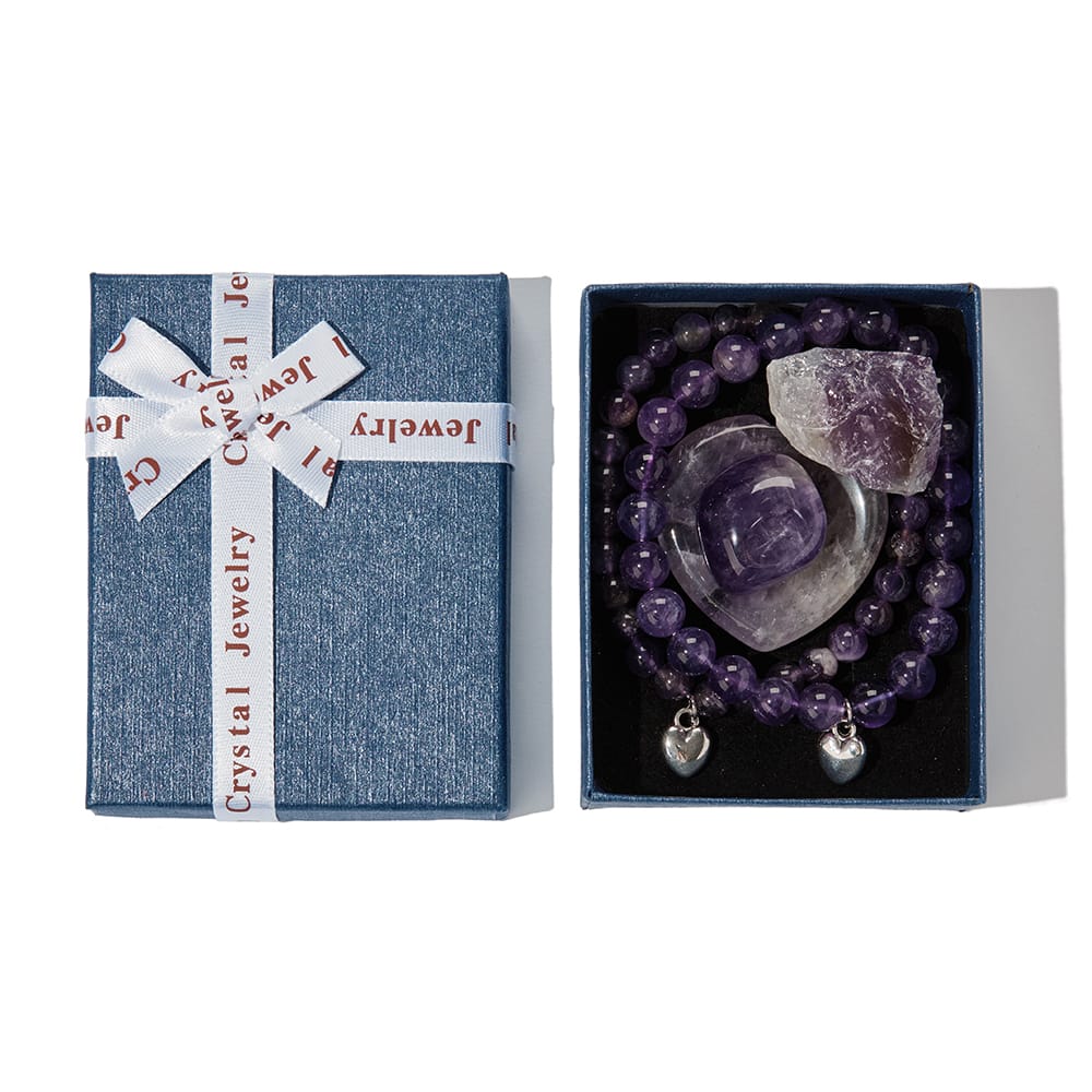 2 Amethist Armbanden & 3 Edelstenen Set in Cadeaudoosje
