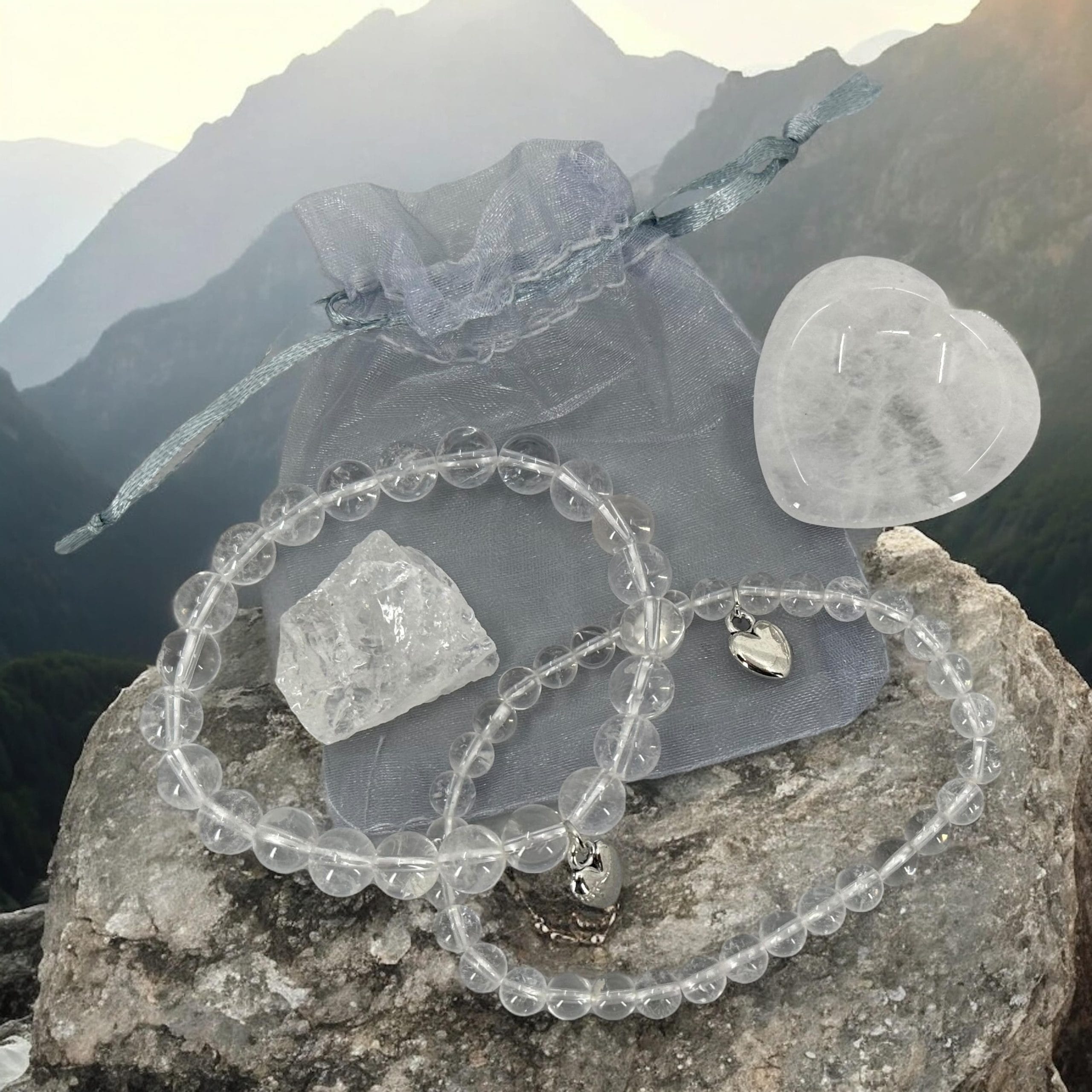 2 Bergkristal Armbanden en 2 Edelstenen Set + Cadeauzakje