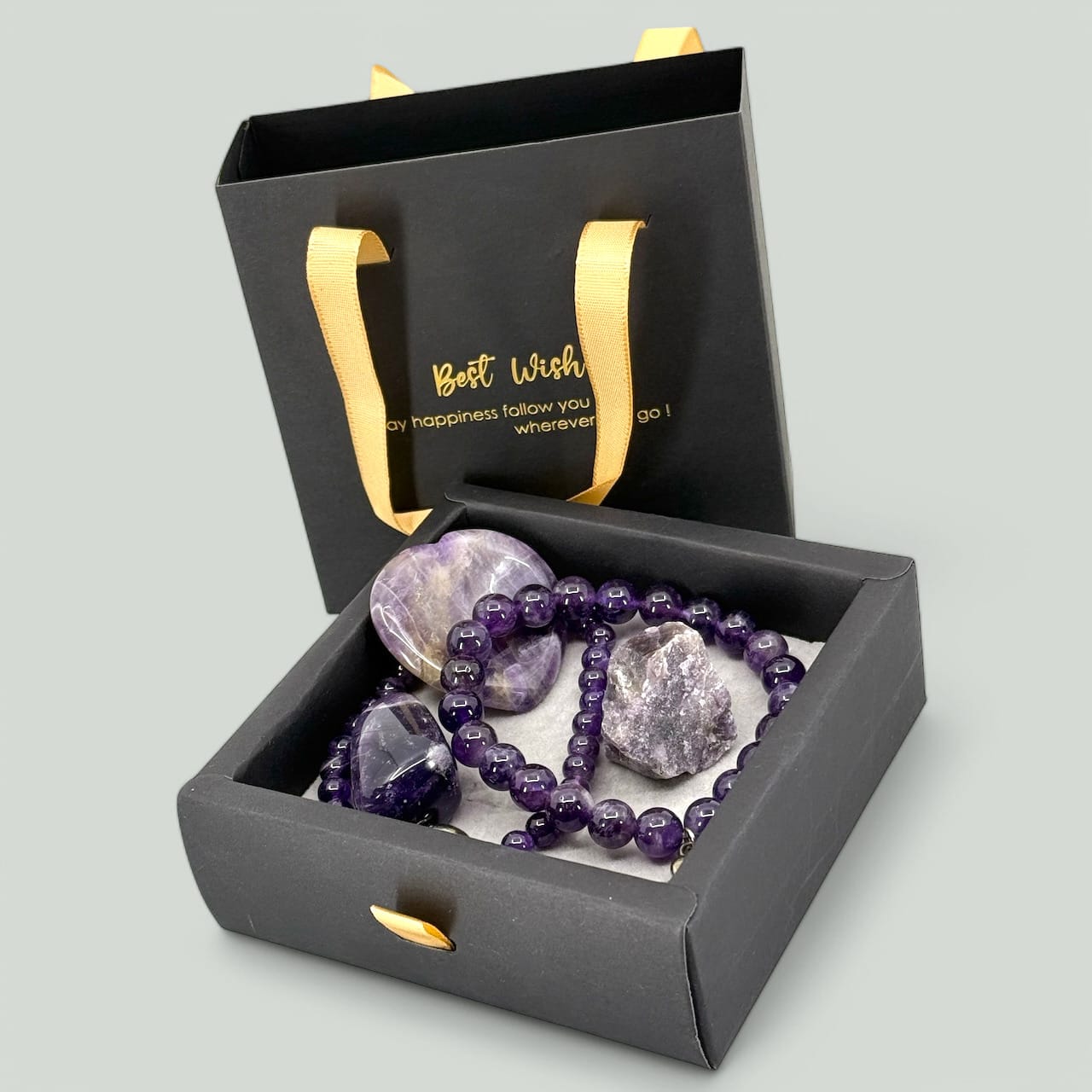 Amethist Geschenkset: 2 Armbanden + 3 Luxe Edelstenen in cadeauverpakking