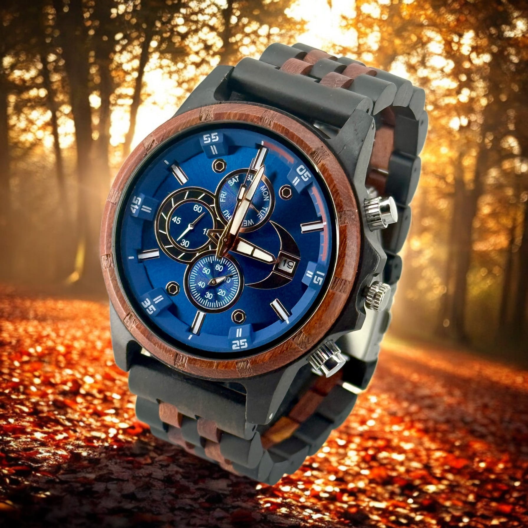 TimberWood Inferno™ – Blauwe Chronograaf Herenhorloge van Zwart & Rood Sandelhout
