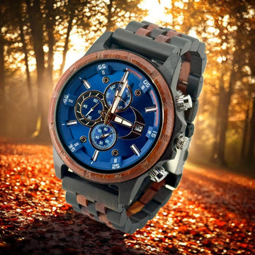 TimberWood Inferno™ – Blauwe Chronograaf Herenhorloge van Zwart & Rood Sandelhout