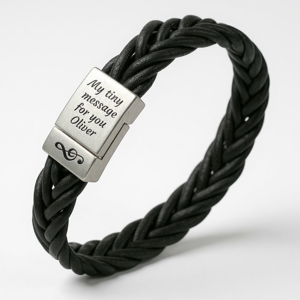 Edelstalen Armband met gravure – gevlochten leer
