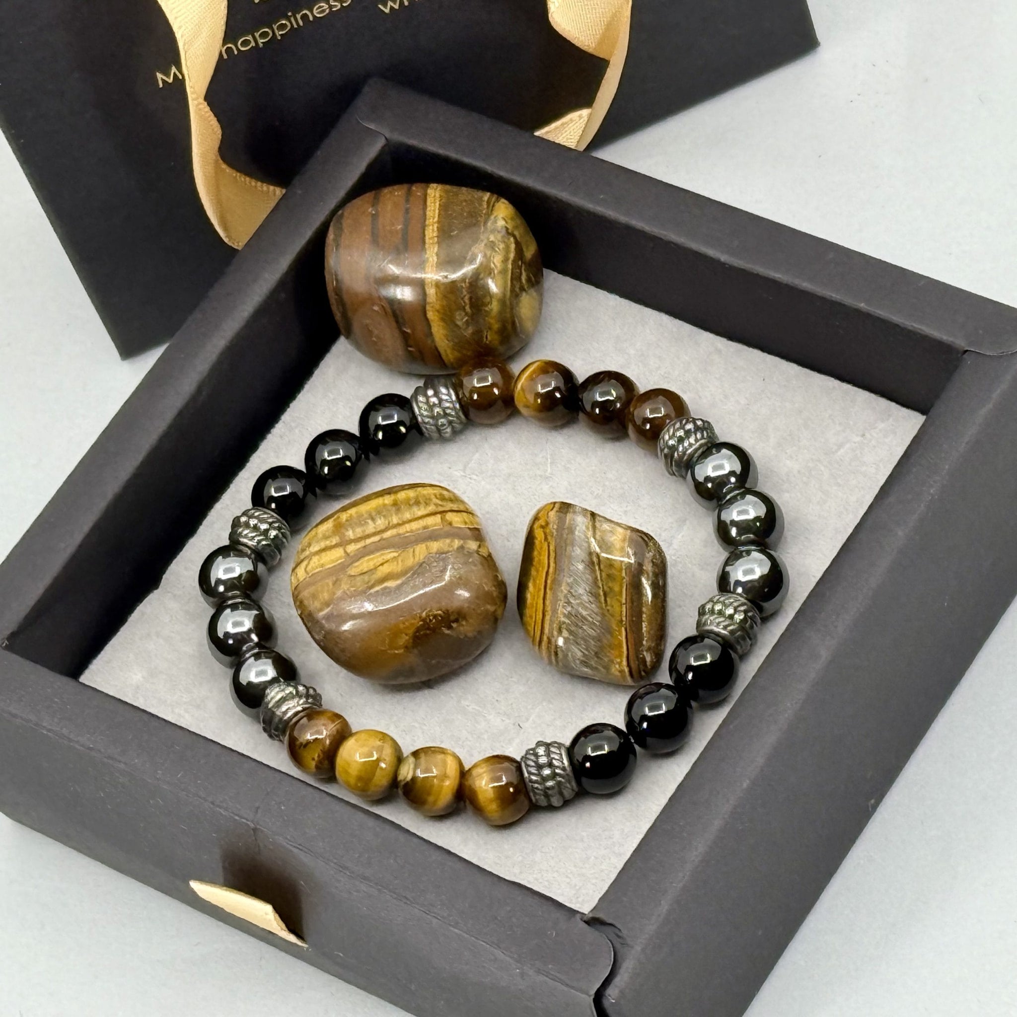 Tijgeroog, Zwart Obsidiaan & Hematiet Armband Geschenkset