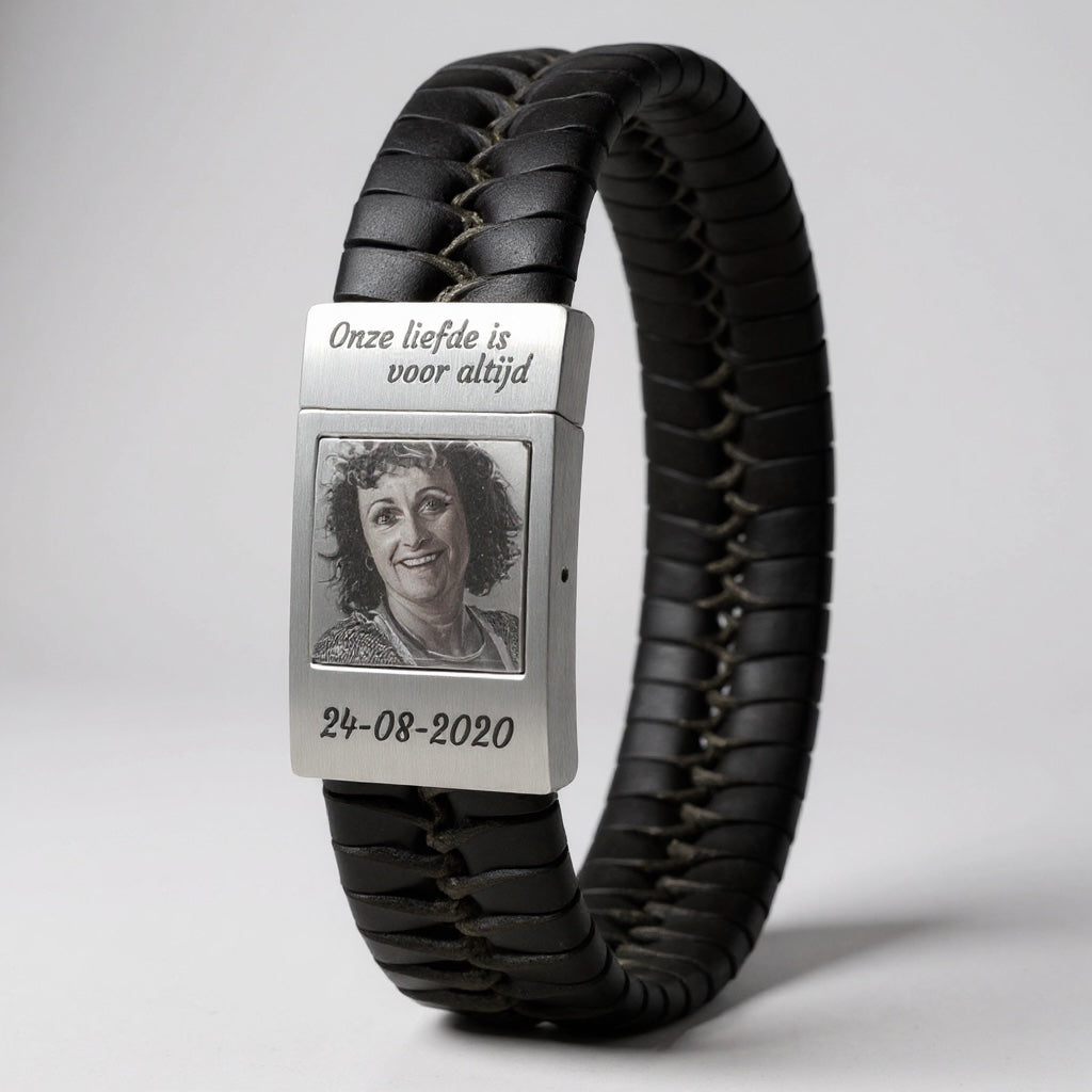 Foto armband met eigen foto Beige leer