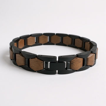 Limited Edition: Hexagon Timberwood - Walnoot Zwart RVS Armband