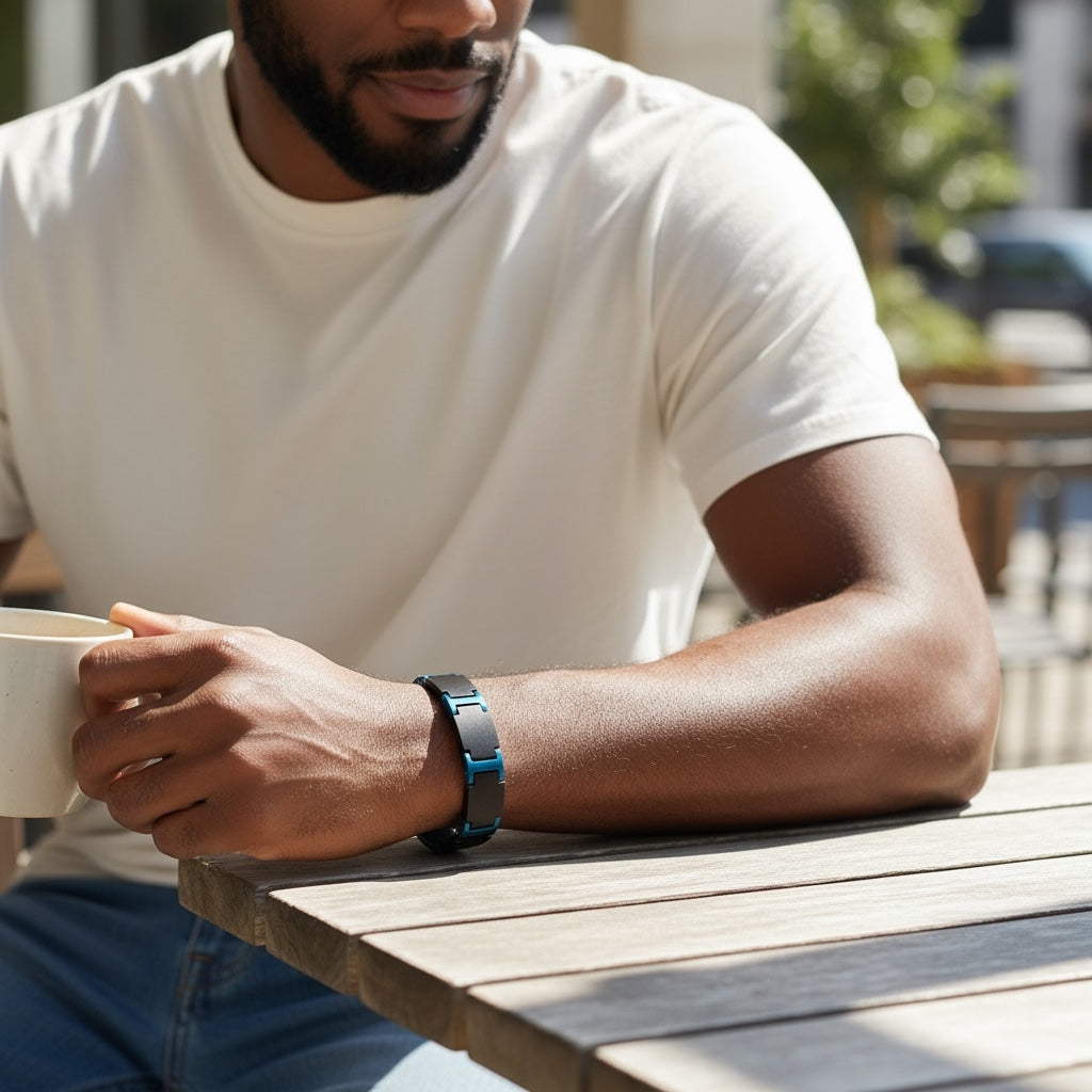 Titan Blue – Zwart Hout & Blauw RVS Armband met Gravure