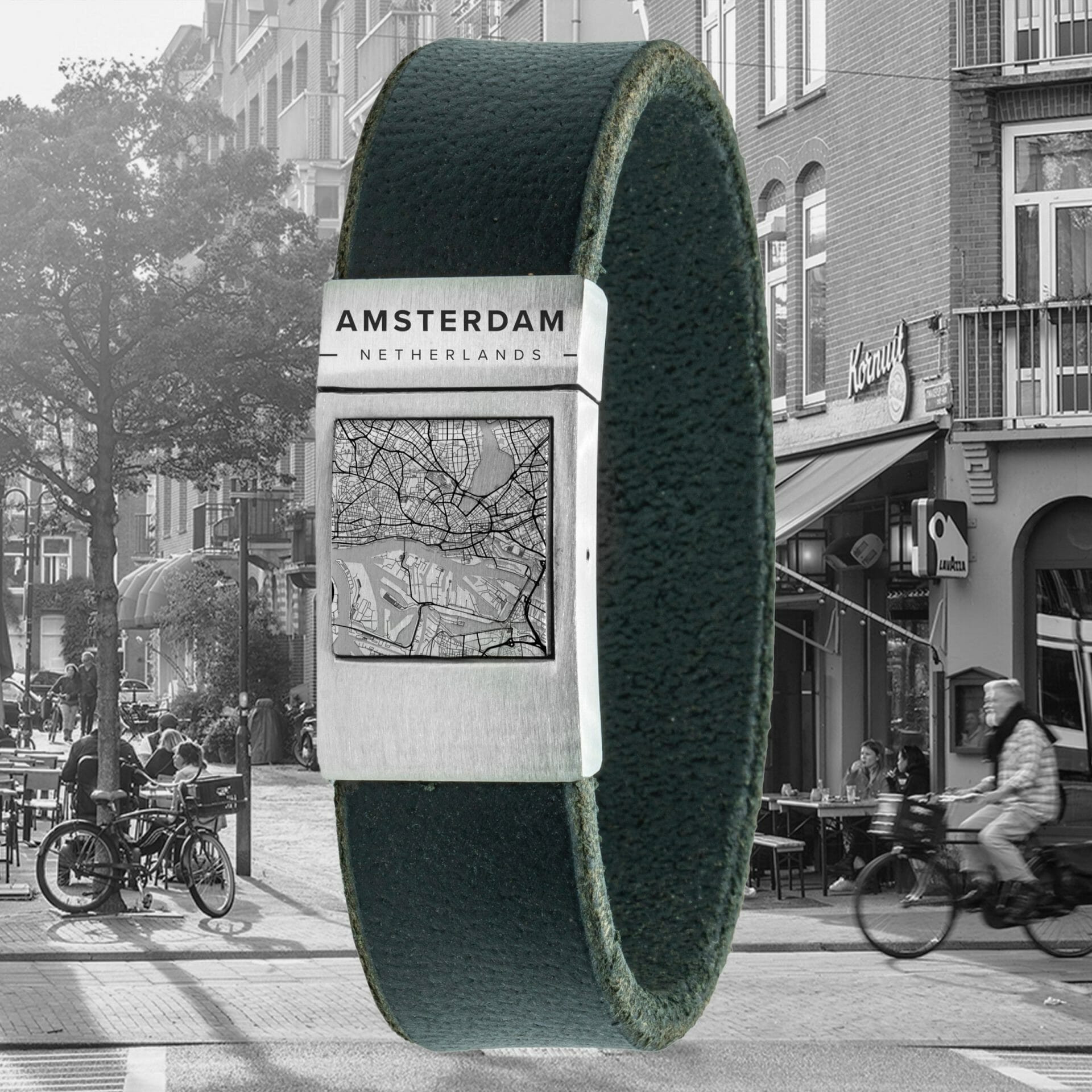 Leren kaart armband met stadsgravure – Kies je eigen stad