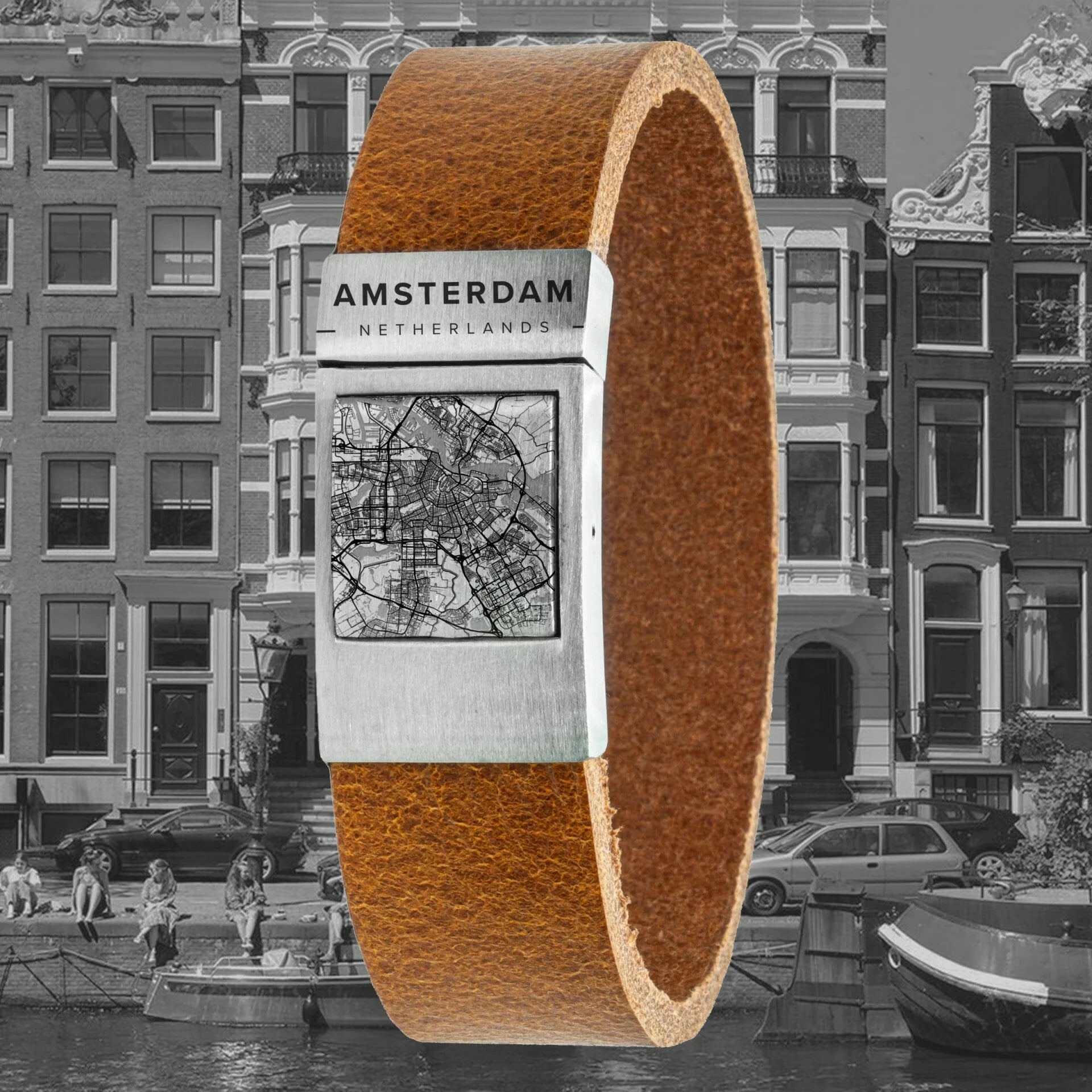 Leren kaart armband met stadsgravure – Kies je eigen stad