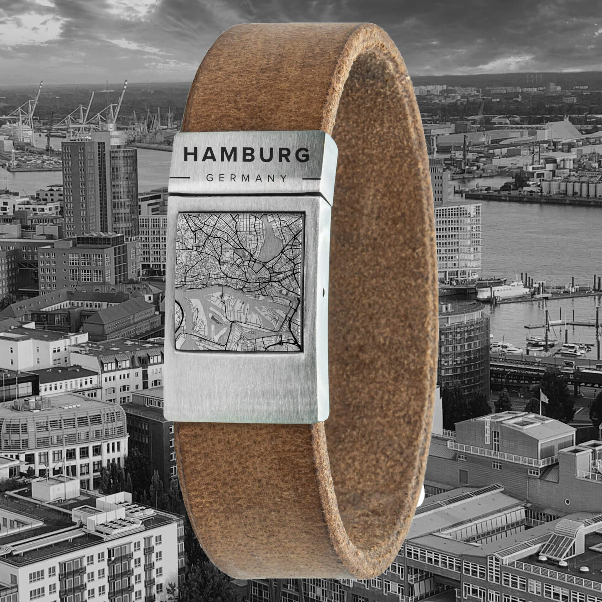 Leren kaart armband met stadsgravure – Kies je eigen stad