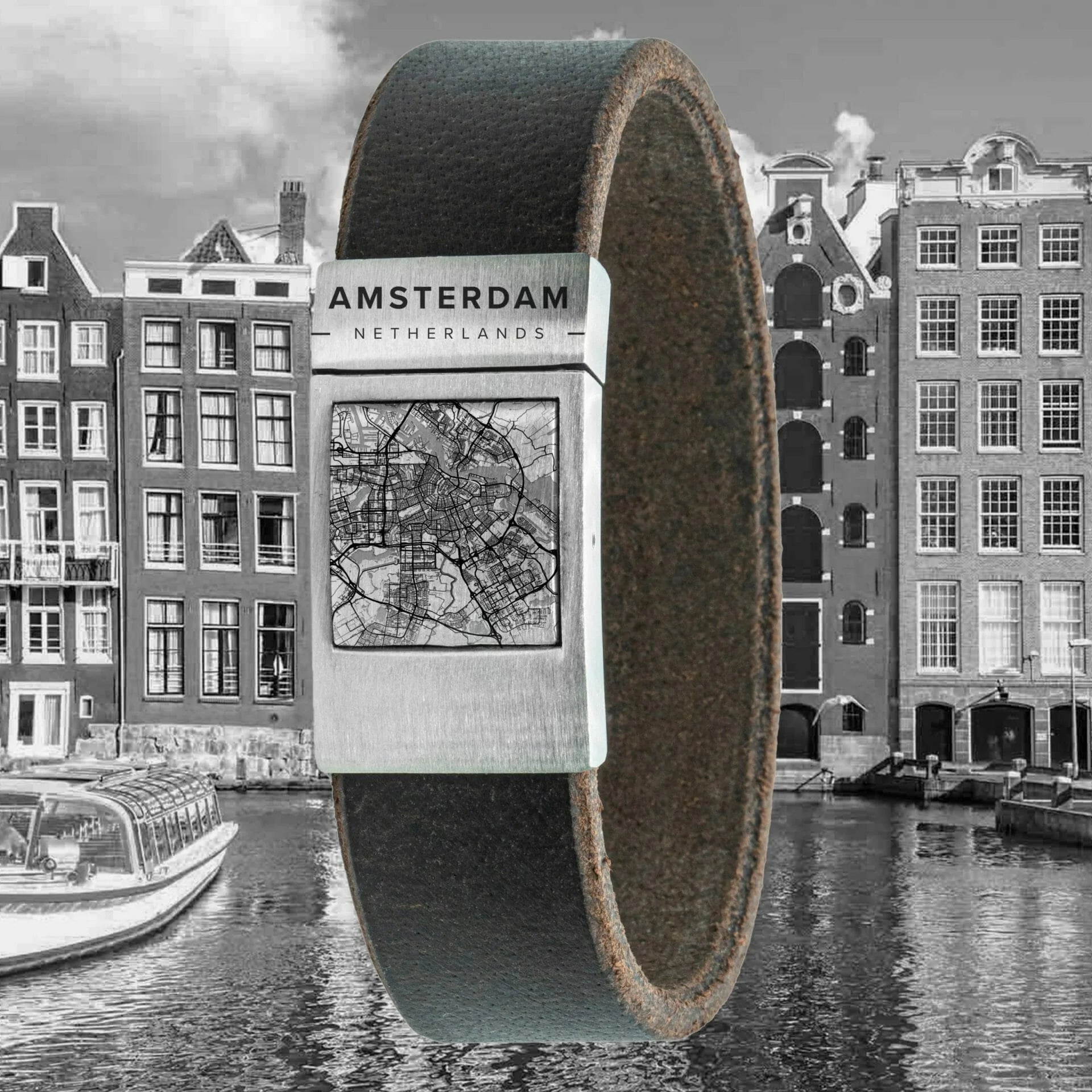 Leren kaart armband met stadsgravure – Kies je eigen stad