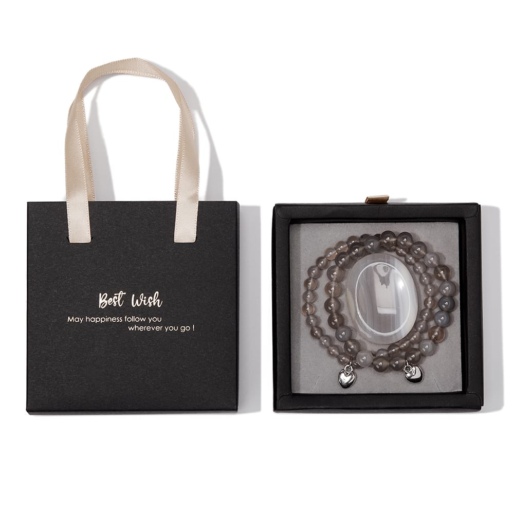 Luxe 2-delige Armbanden Set van Grijze Agaat + Geslepen Hartsteen & Geschenkdoos