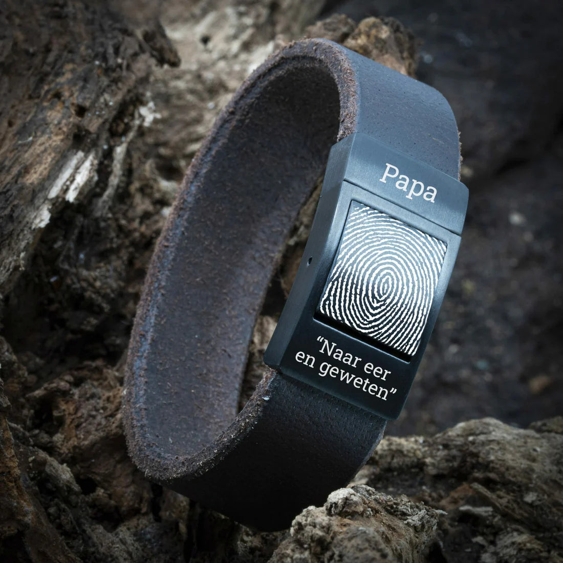 Vingerafdruk armband - Gevlochten leer met Zwarte schakel