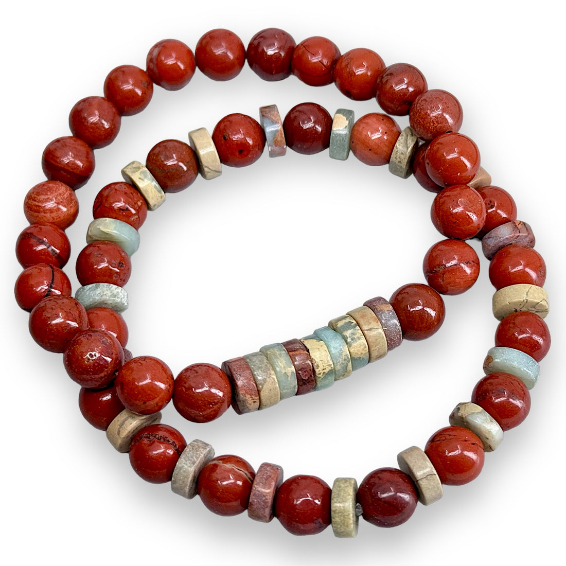 2 Armbanden: Red Jaspis + Aqua Terra Kralen - Rode Jasper 8mm