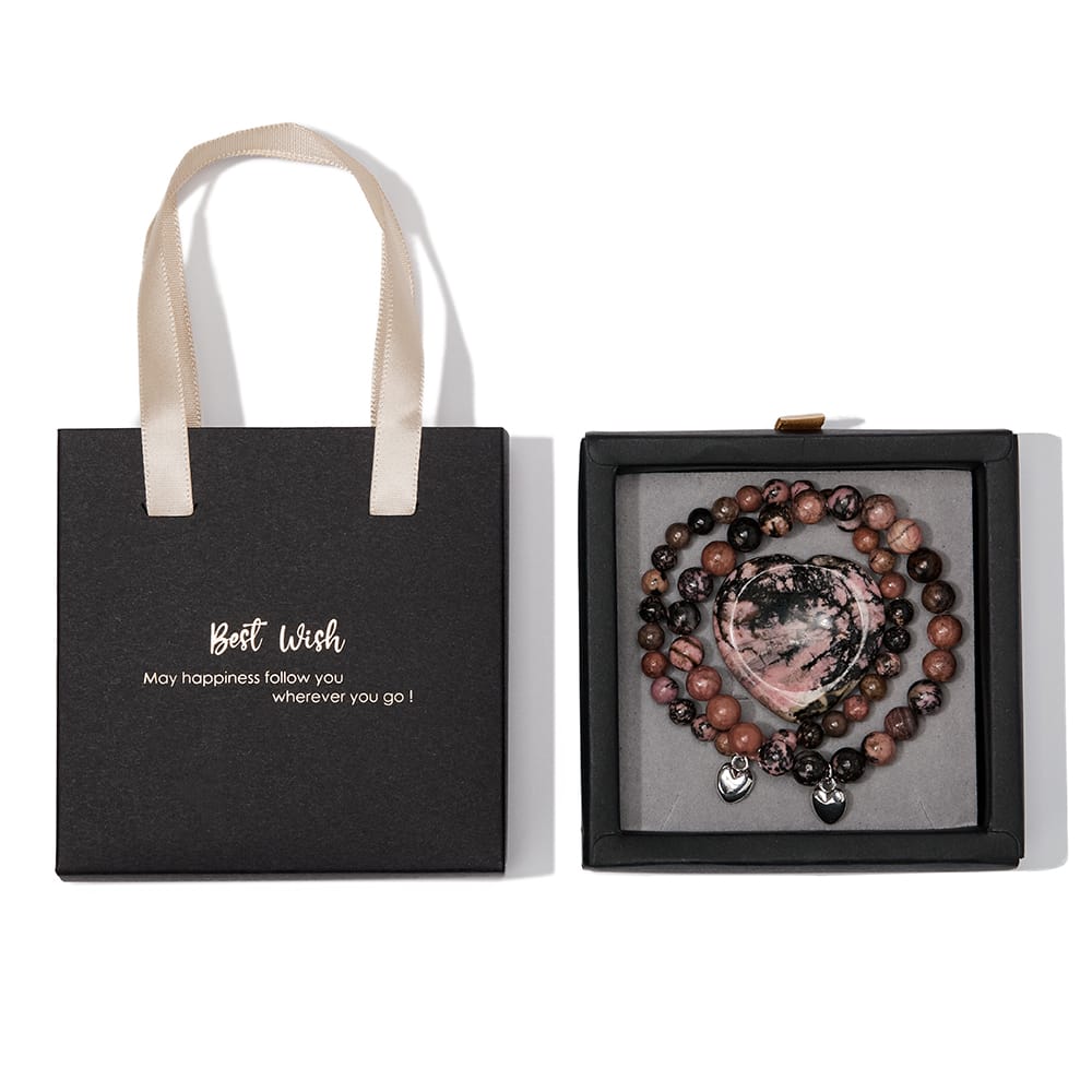 Rhodoniet Armbanden Set met Hartvormige Steen – Balans & Liefde