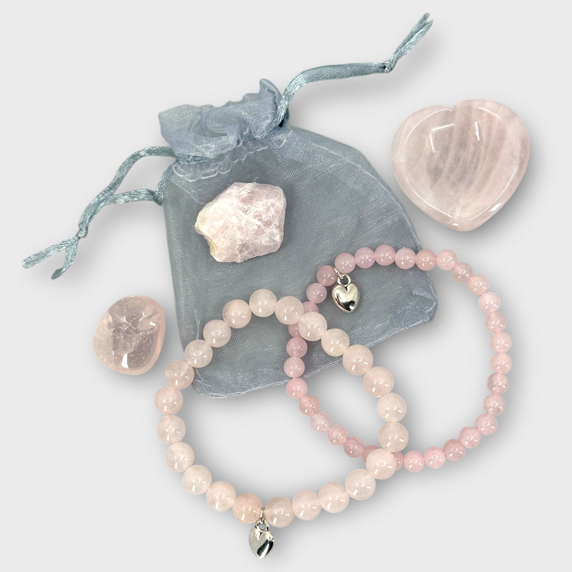 2 Rozenkwarts Armbanden en Edelstenen Set + Ruwe en Geslepen Edelstenen met Hartje