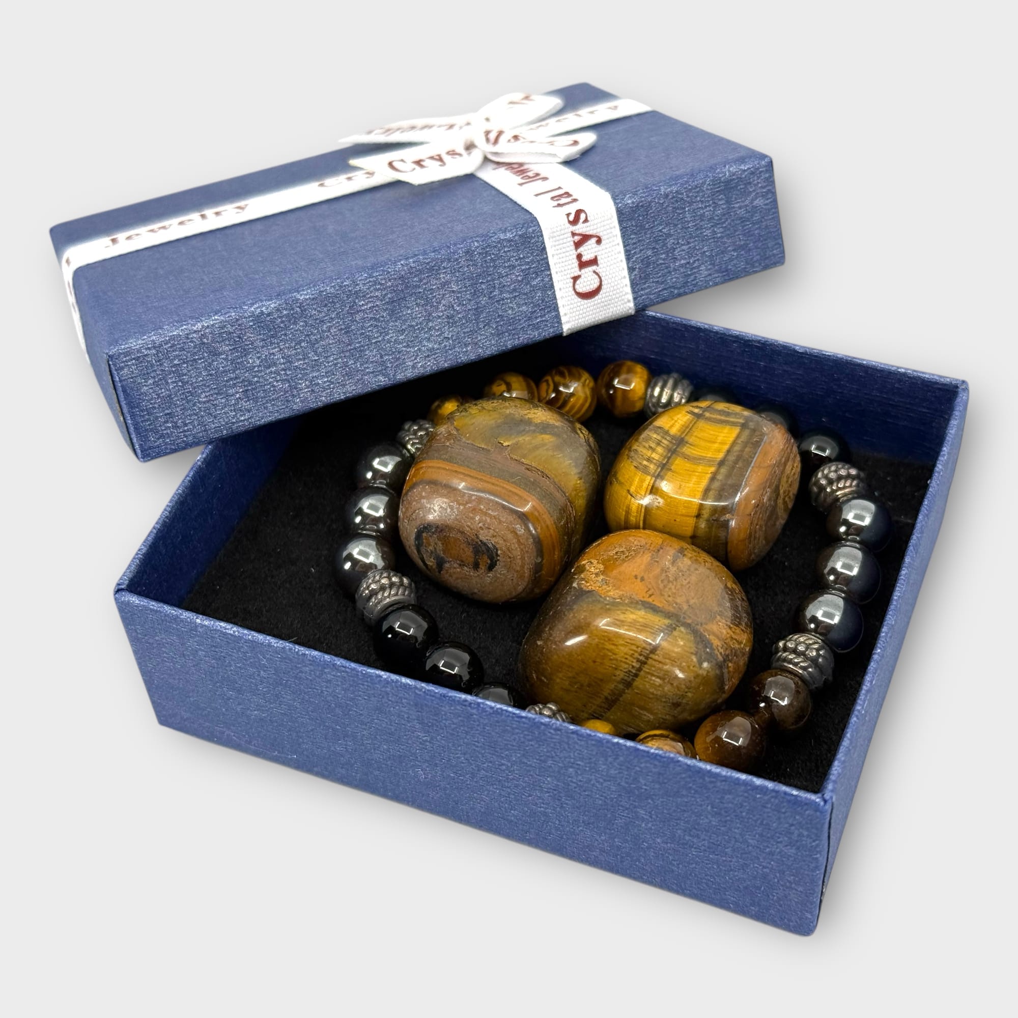 Tijgeroog, Zwart Obsidiaan & Hematiet Armband + 3 Edelstenen (incl. doosje)