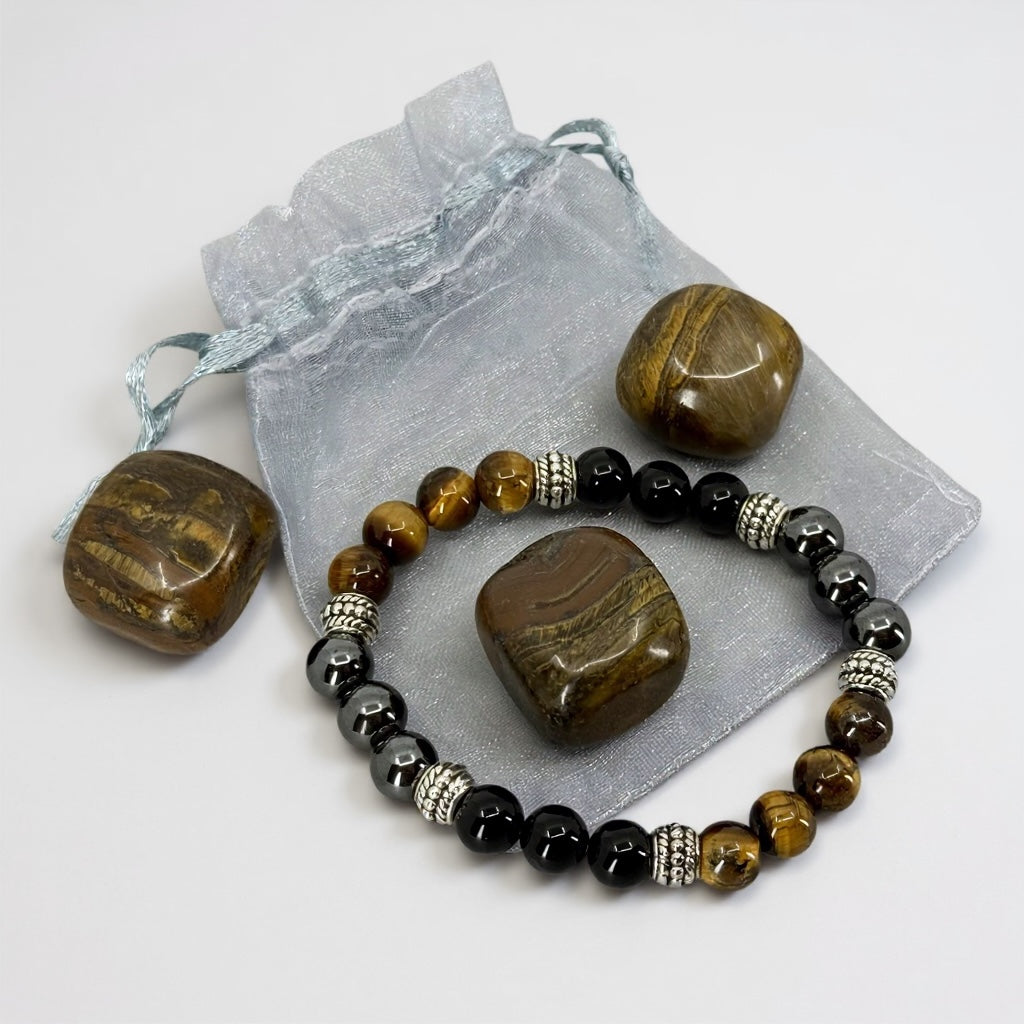 Tijgeroog, Zwart Obsidiaan & Hematiet Armband + 3 Tijgeroog Edelstenen