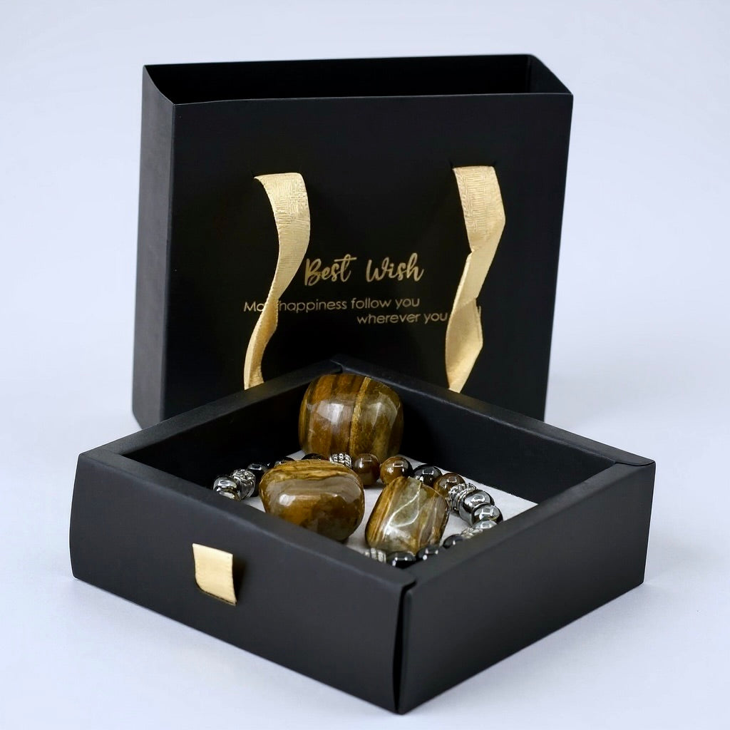 Tijgeroog, Zwart Obsidiaan & Hematiet Armband Geschenkset