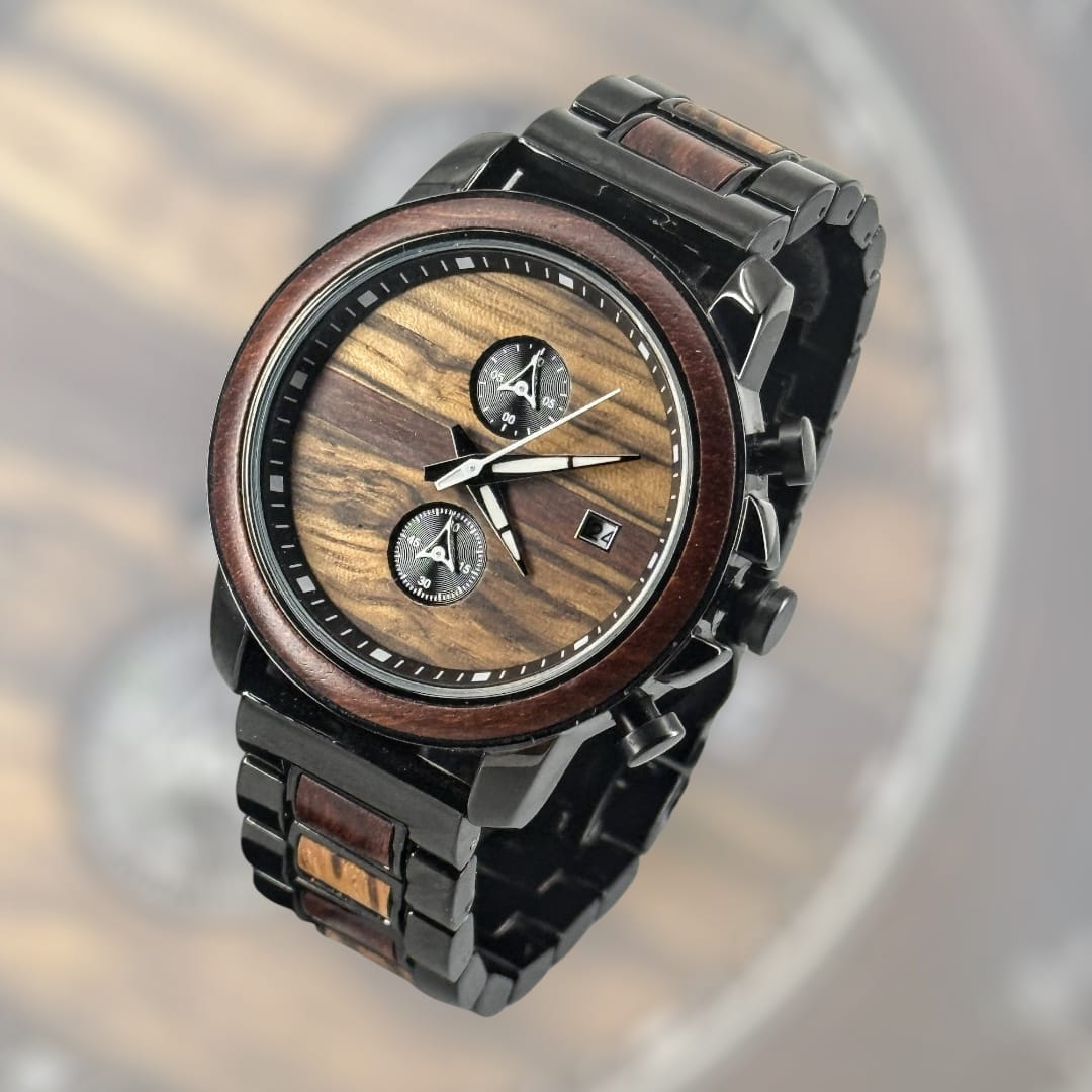 TimberWood Titan™ – Chronograaf Horloge van Zebrawood & Zwart Metaal