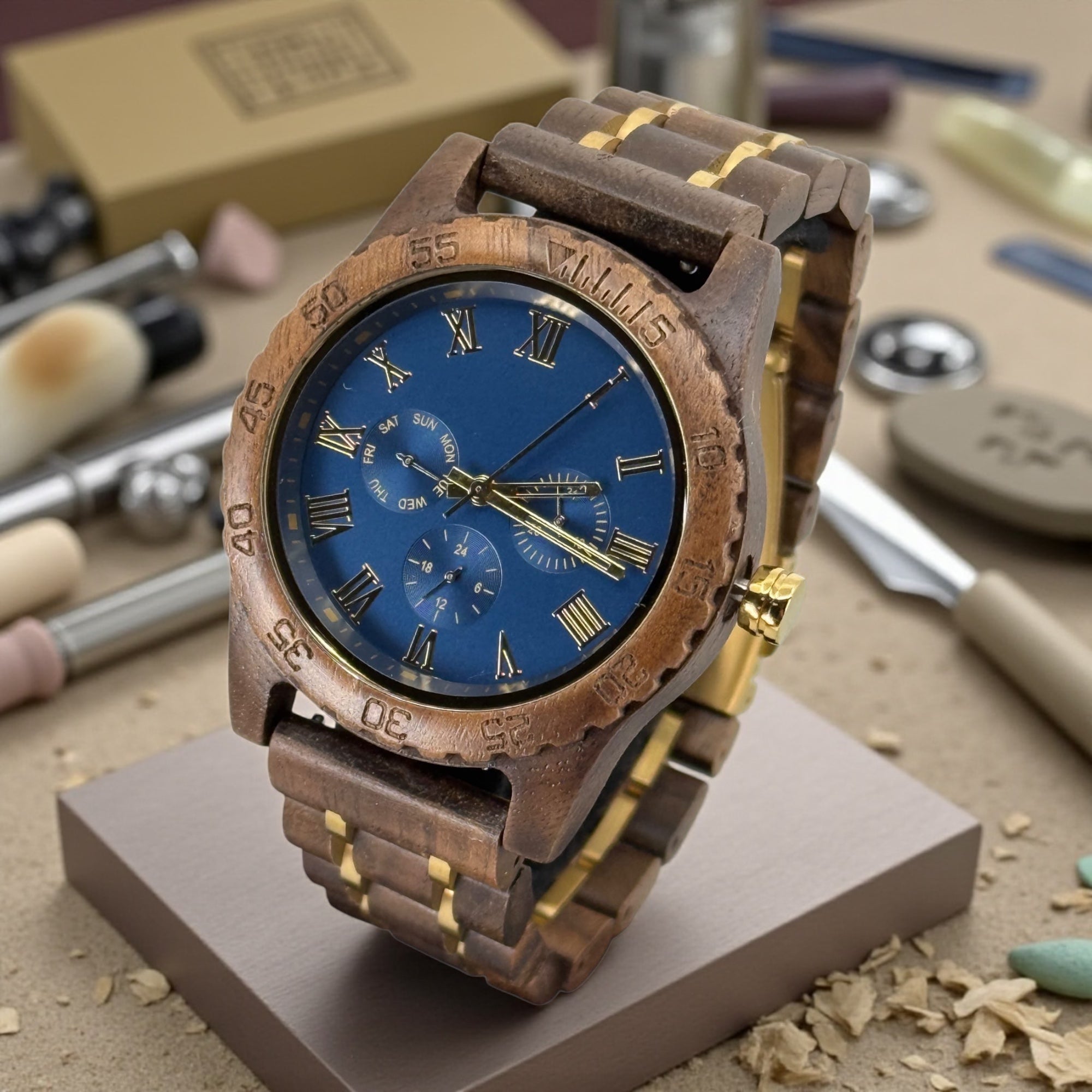 TimberWood Blue Regal Walnut™ – Herenhorloge Walnoot & Goud