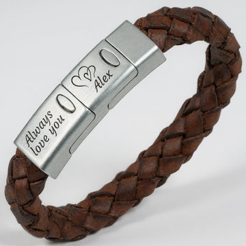 Triple gravure armband + Gevlochten bruin leer