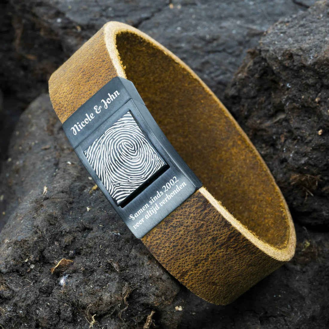 Vingerafdruk armband - Gevlochten leer met Zwarte schakel