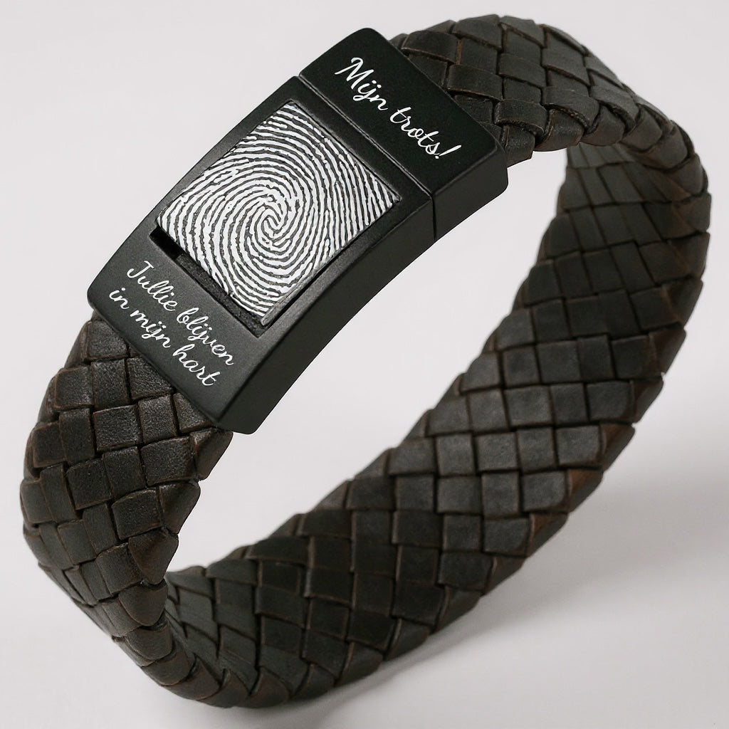 Vingerafdruk armband – Bruin gevlochten leer met Zwarte schakel