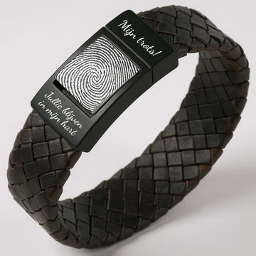 Vingerafdruk armband – Bruin gevlochten leer met Zwarte schakel
