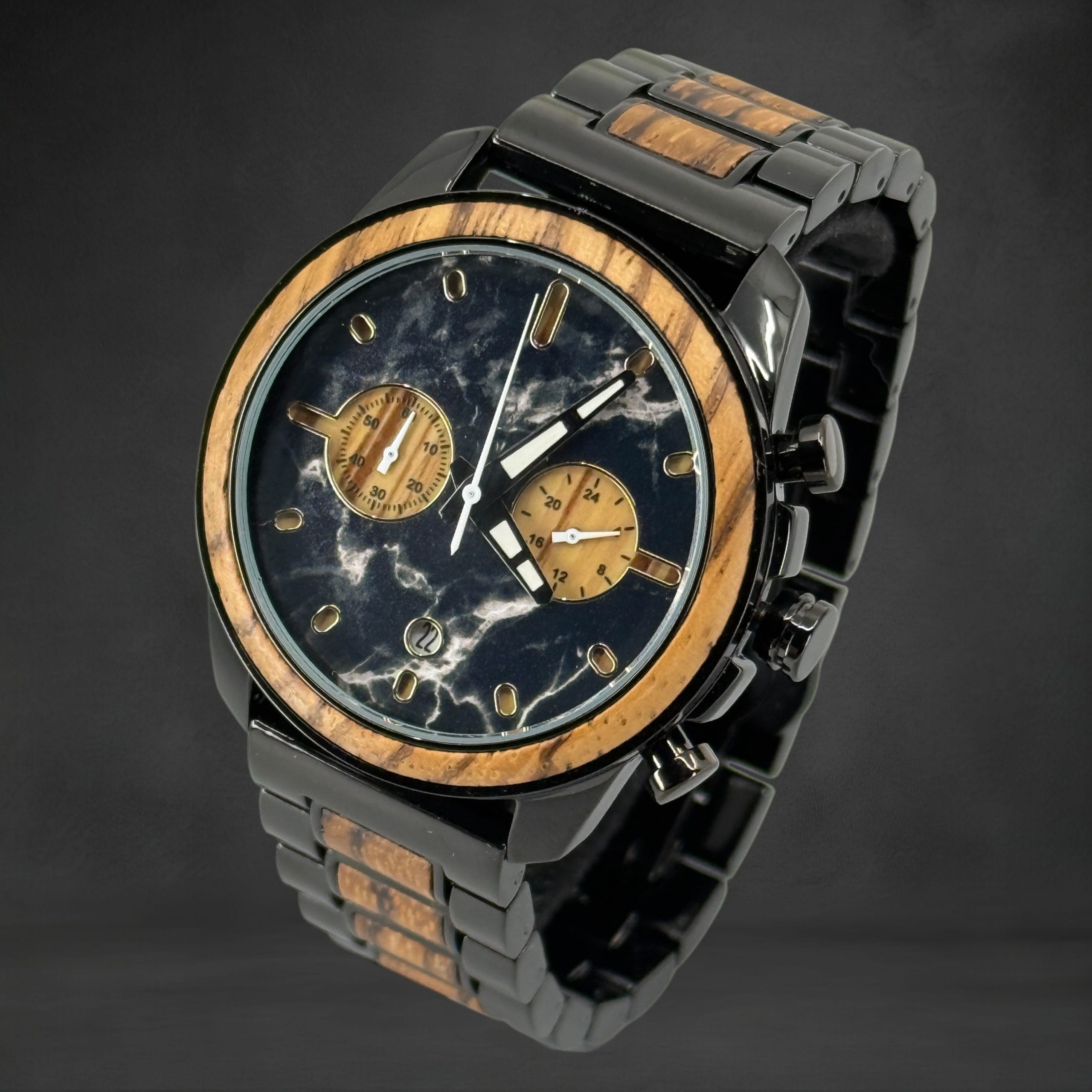 TimberWood ThunderZebra™ – Zwart Herenhorloge met Zebrano Hout & Metaal