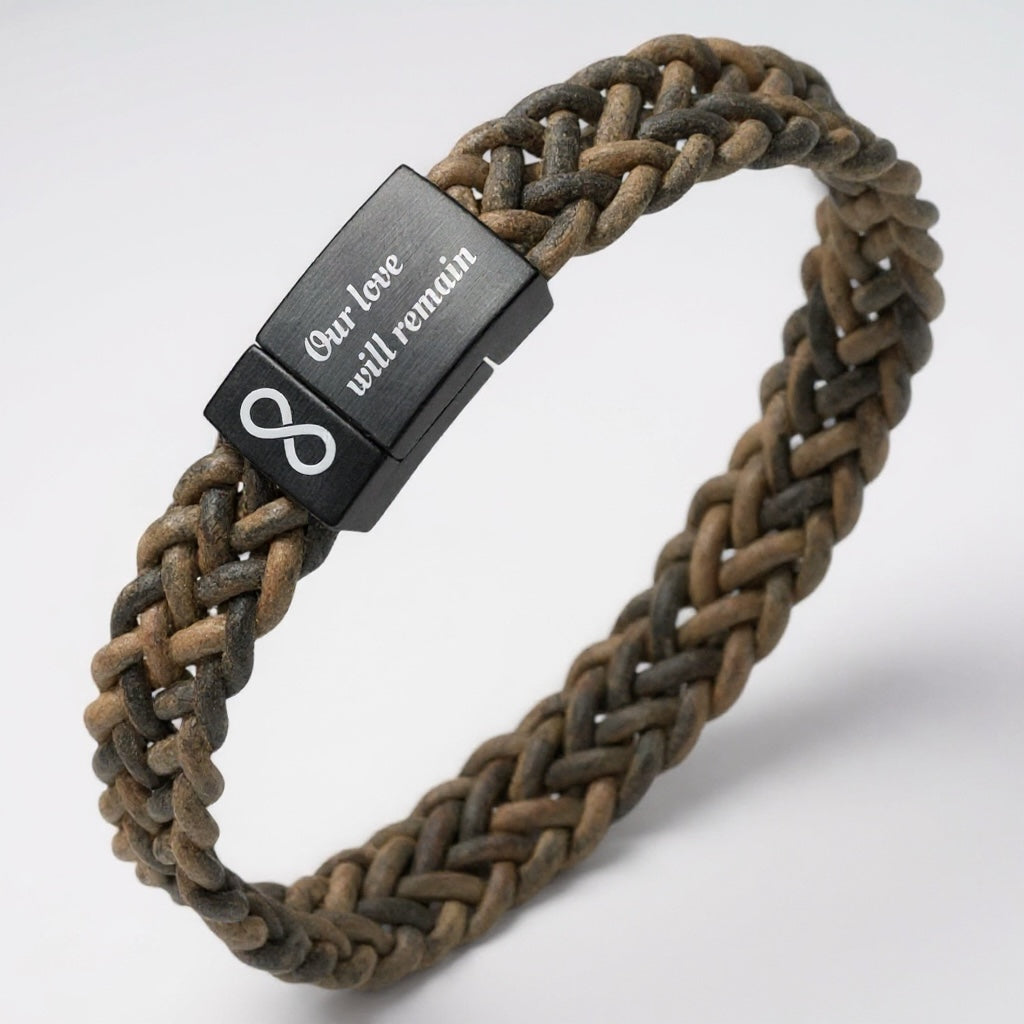 Zwart Edelstalen Armband met gravure – gevlochten leer