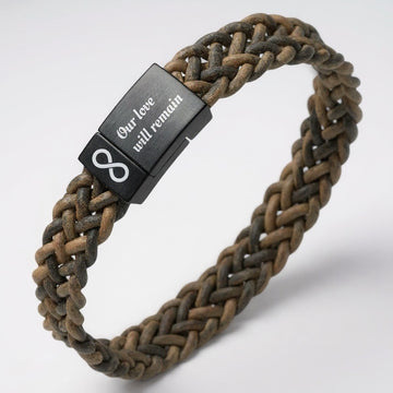 Zwart Edelstalen Armband met gravure – gevlochten leer