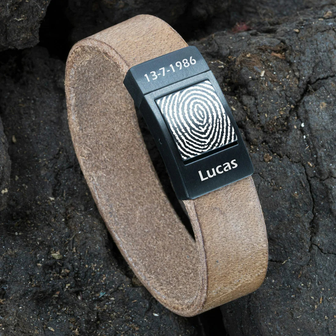 Vingerafdruk armband - Gevlochten leer met Zwarte schakel