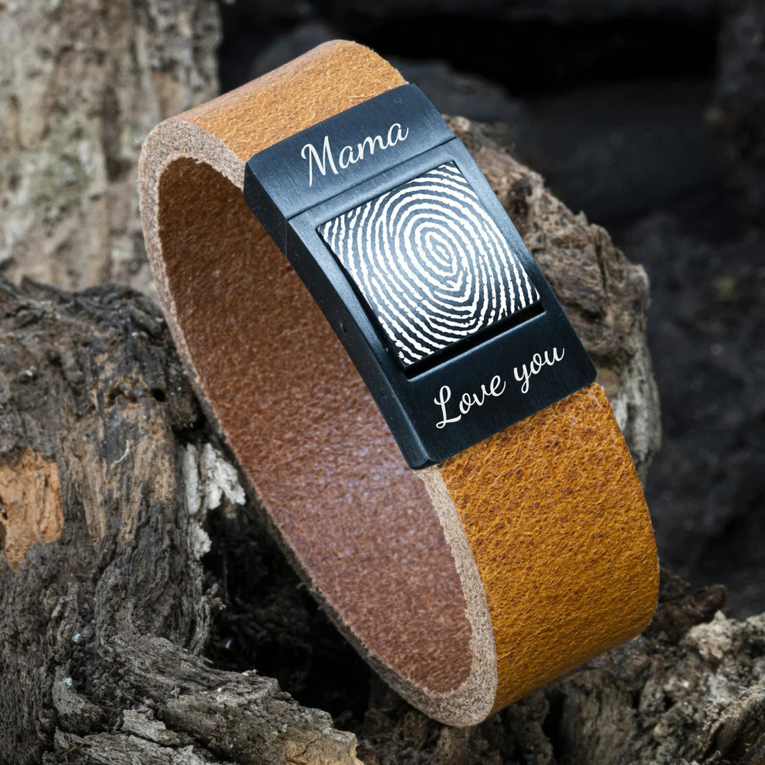 Vingerafdruk armband - Gevlochten leer met Zwarte schakel