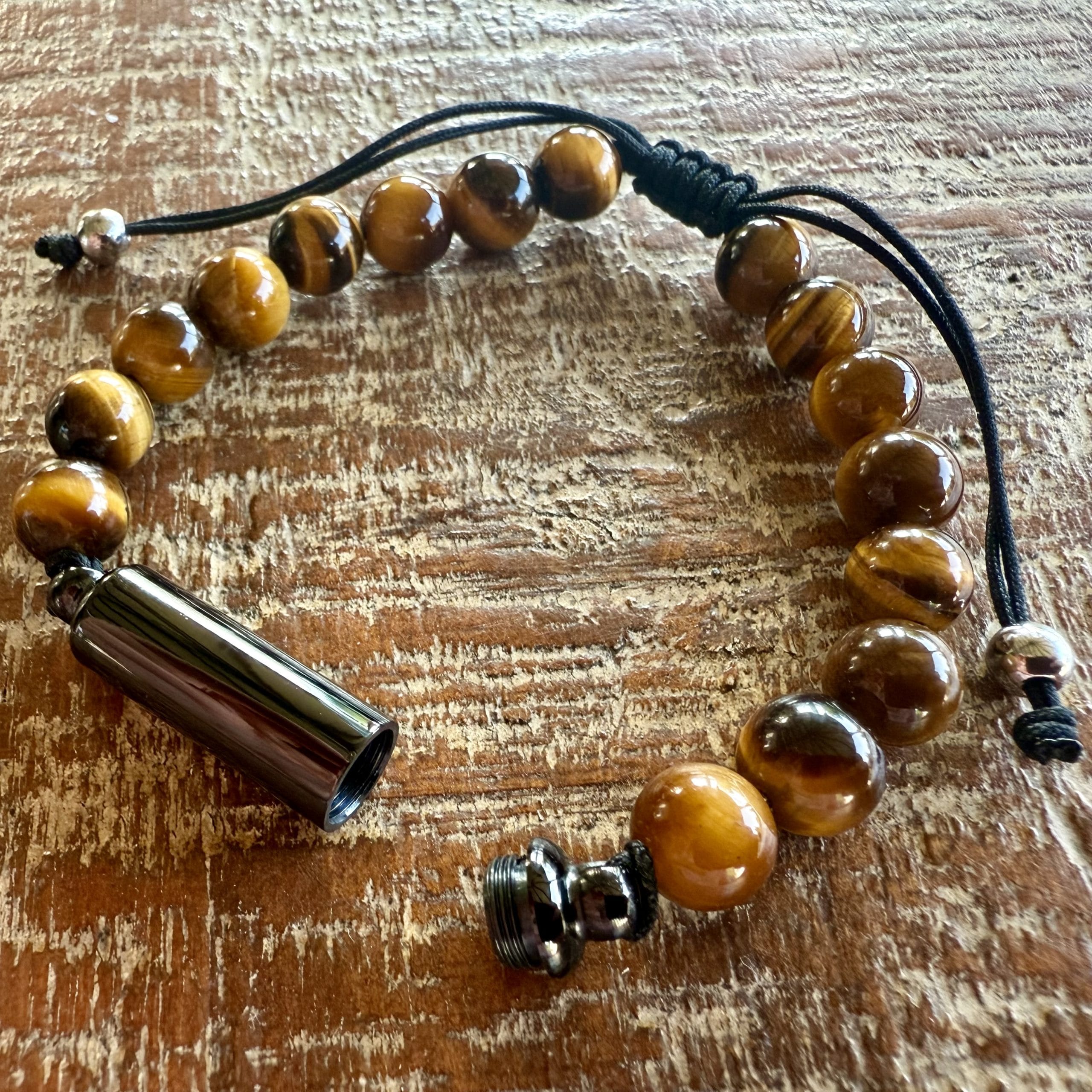 'Verstelbare' Zwarte As-Armband met as-ruimte | 8mm Tijgeroog Kralen armband