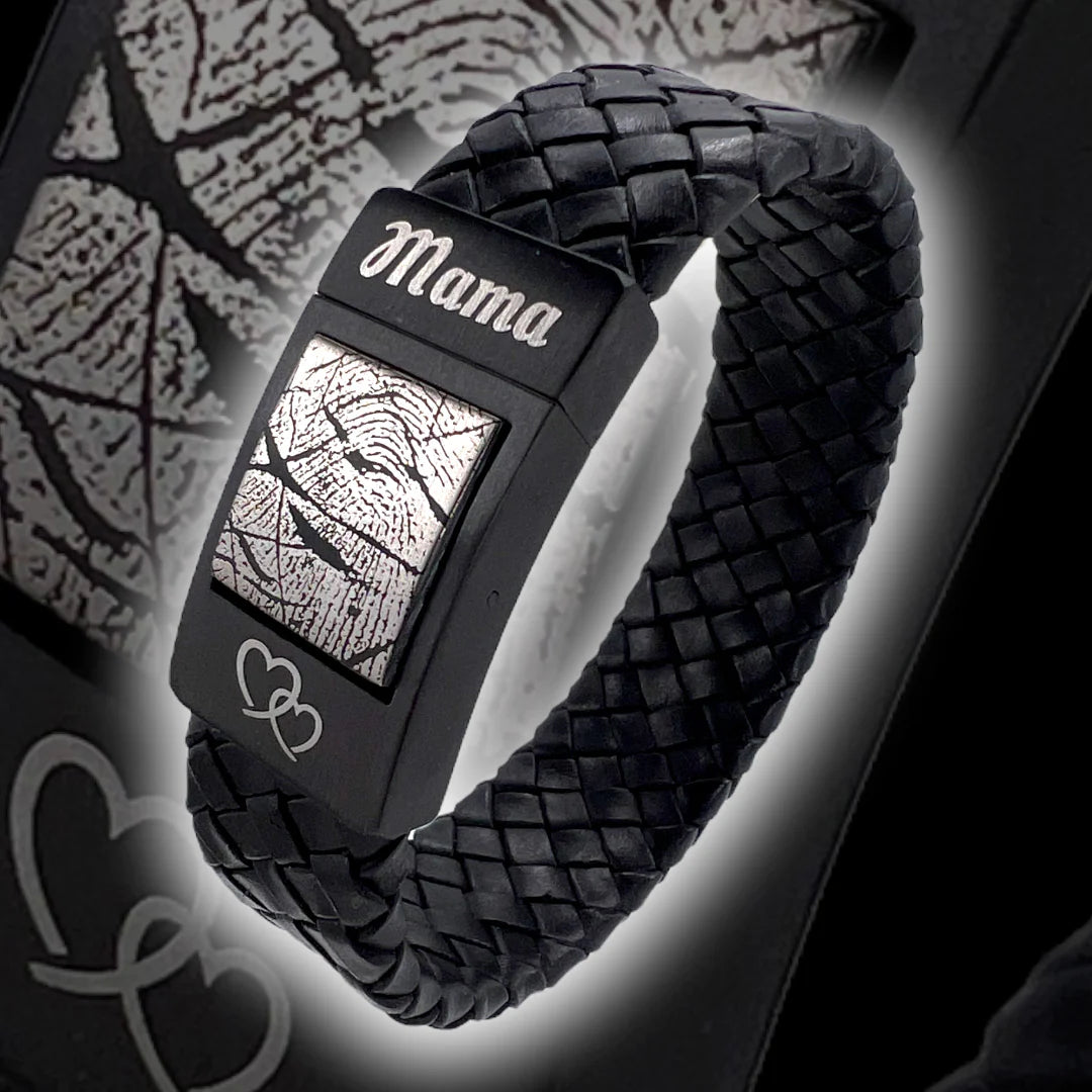 Zwarte leren Vingerafdruk armband (Mama, Papa of geliefde) herdenkingsarmband
