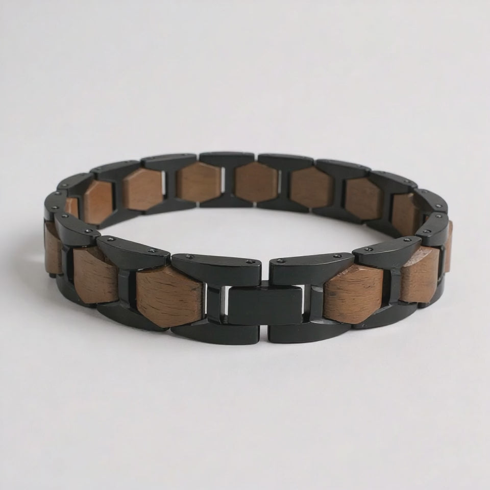 Limited Edition: Hexagon Timberwood - Walnoot Zwart RVS Armband