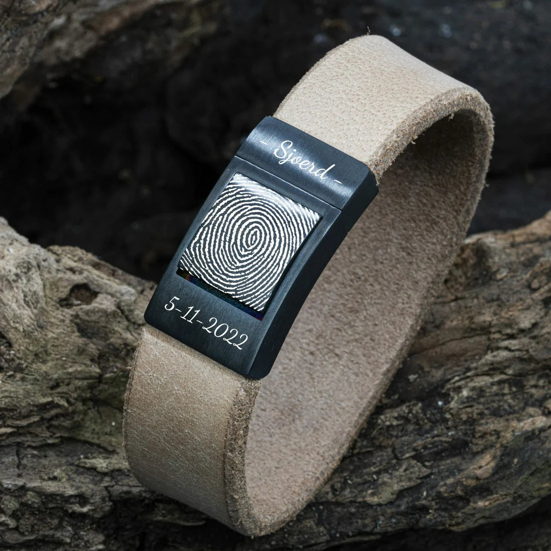 Vingerafdruk armband - Gevlochten leer met Zwarte schakel