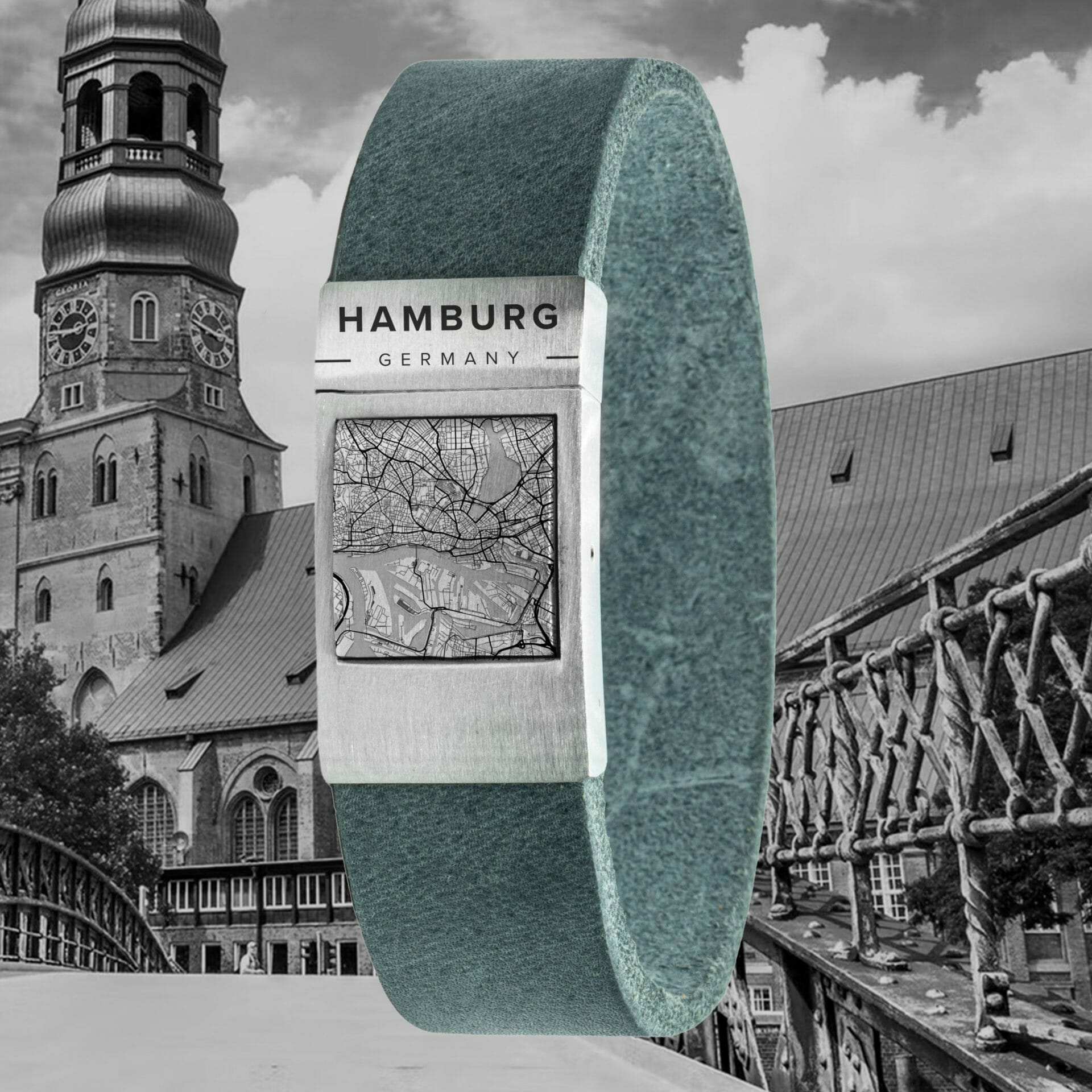 Kaartarmband <b>Grijs</b> leer met eigen woonplaats