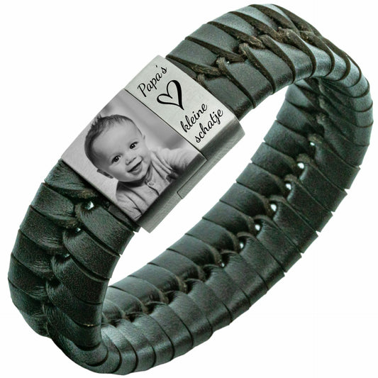 Babyfotoarmband med egen bild - brunt Flätat läderarmband med fotogravyr