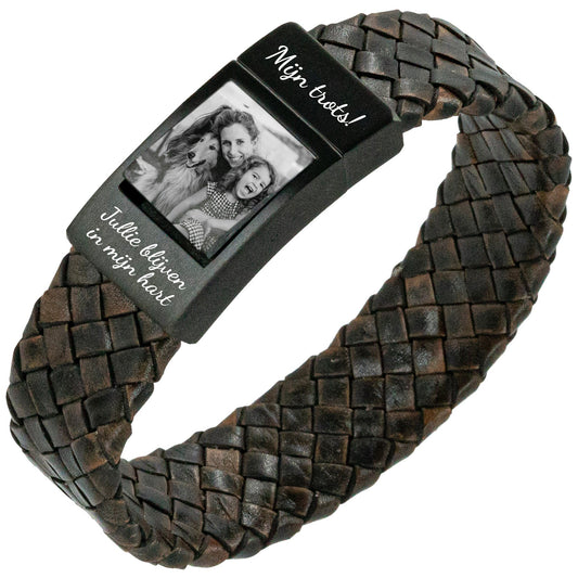Bracciale fotograficu Uomo Cuoio intrecciato marrone - Foto propria su braccialetto