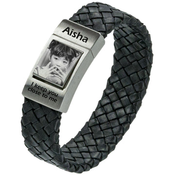 Own Photo on bracelet - Braided black leather bracelet with photo print