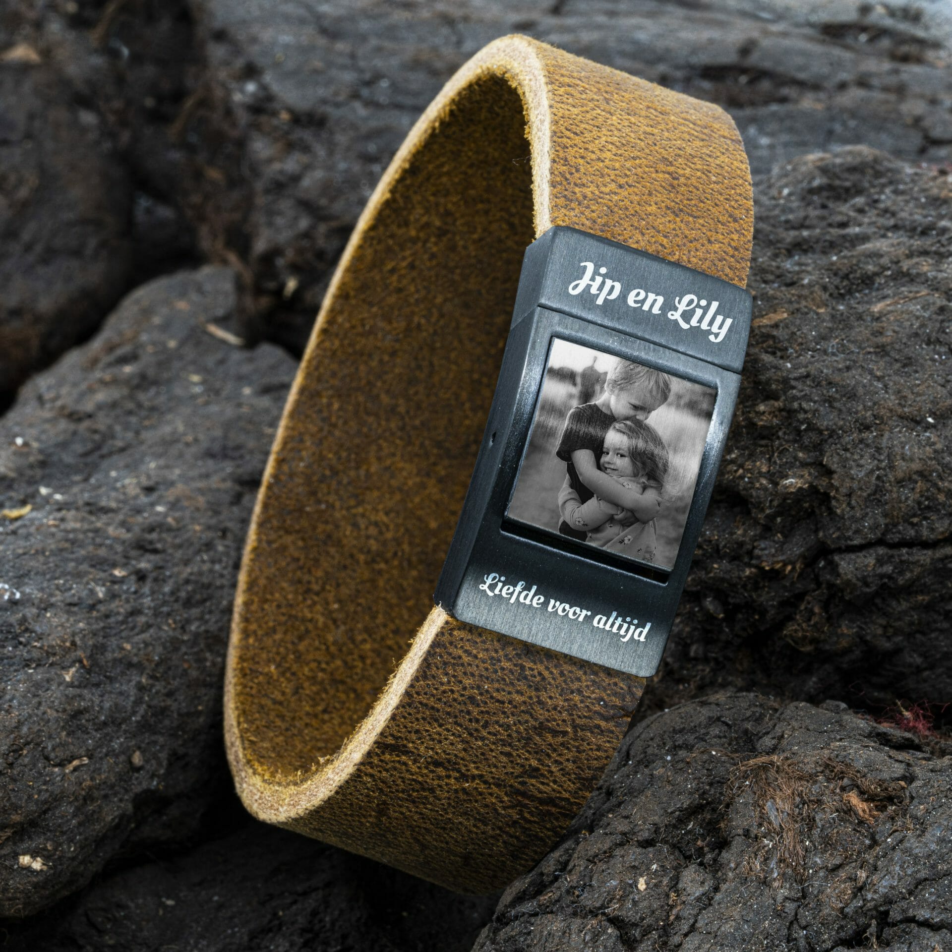 Eigen Foto op armband - Gevlochten zwart leren Armband met Foto afdruk