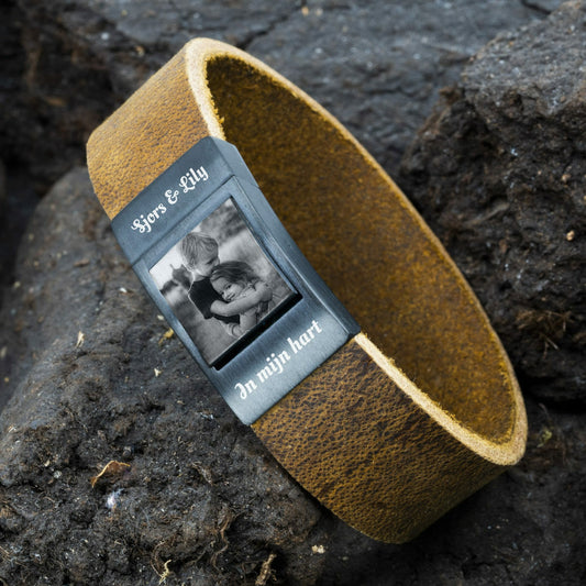 Foto armband Heren Leren Armband met Fotoafdruk Zwart / Bruin