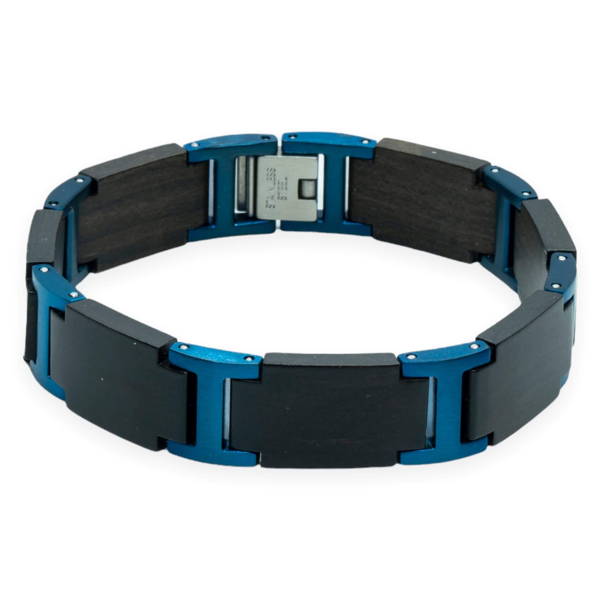 Titan Blue – Zwart Hout & Blauw RVS Armband met Gravure