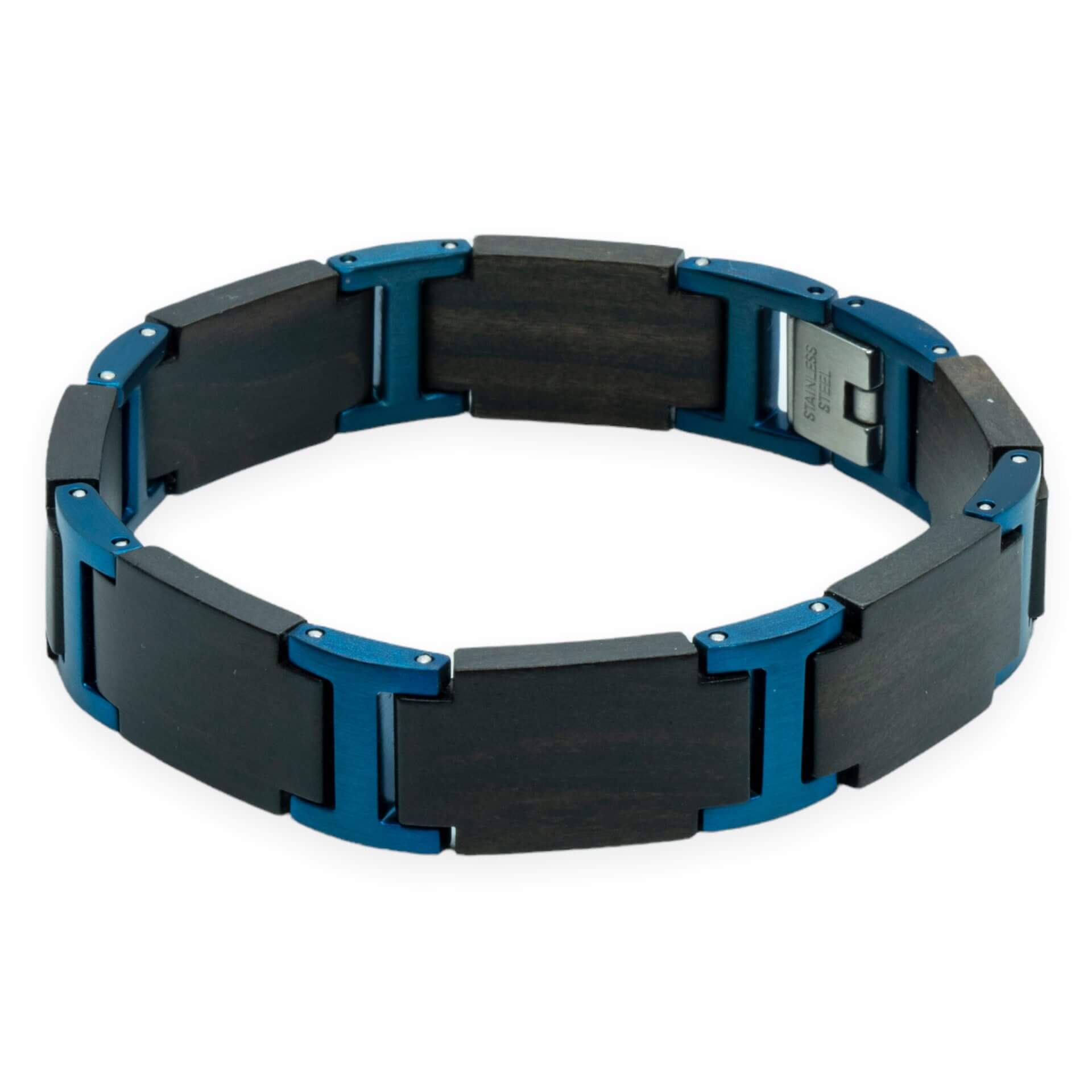 Titan Blue – Zwart Hout & Blauw RVS Armband met Gravure