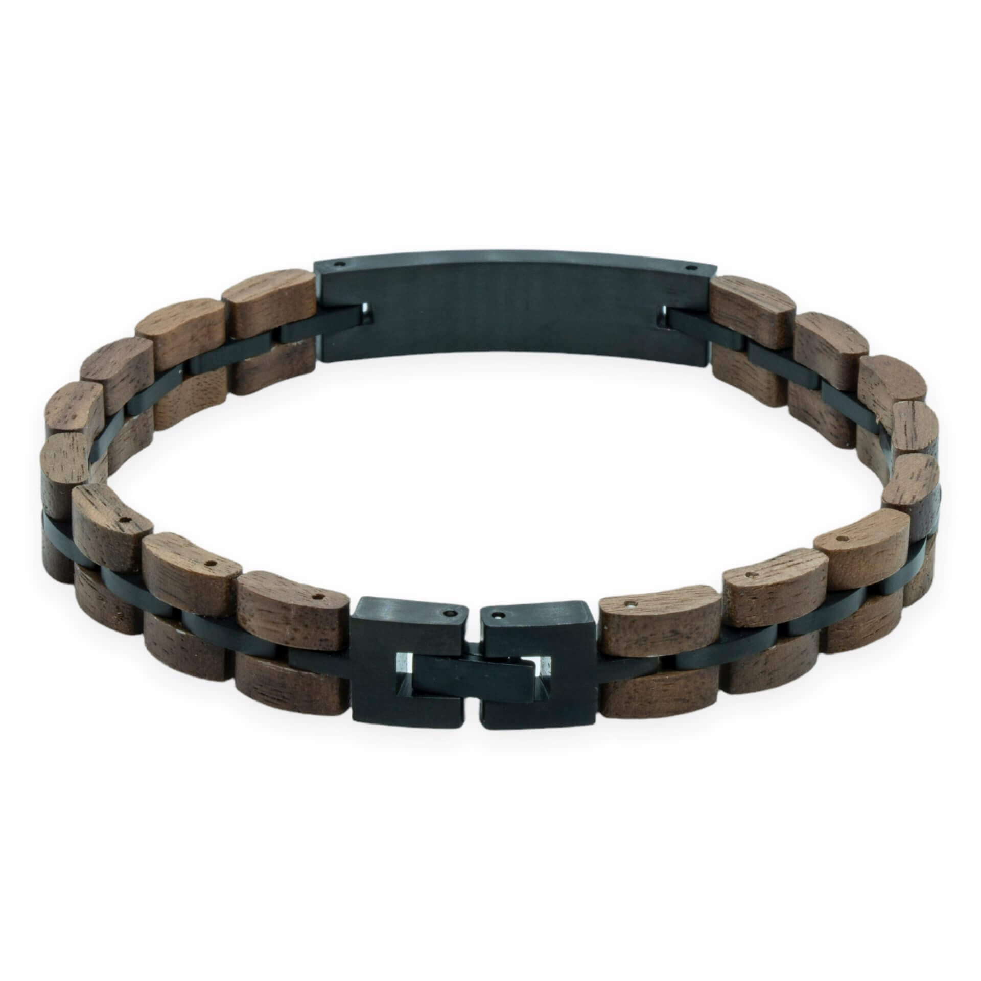 Houten Walnoot armband zwart + eigen tekst