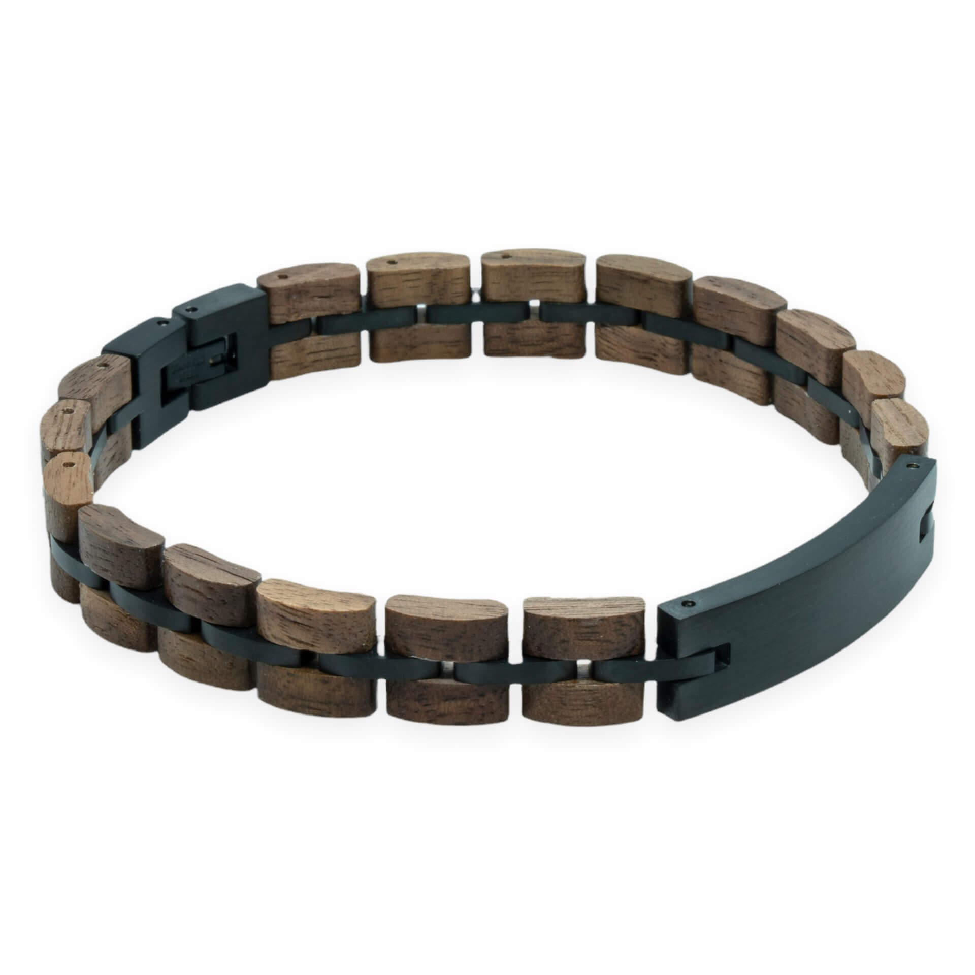Houten Walnoot armband zwart + eigen tekst